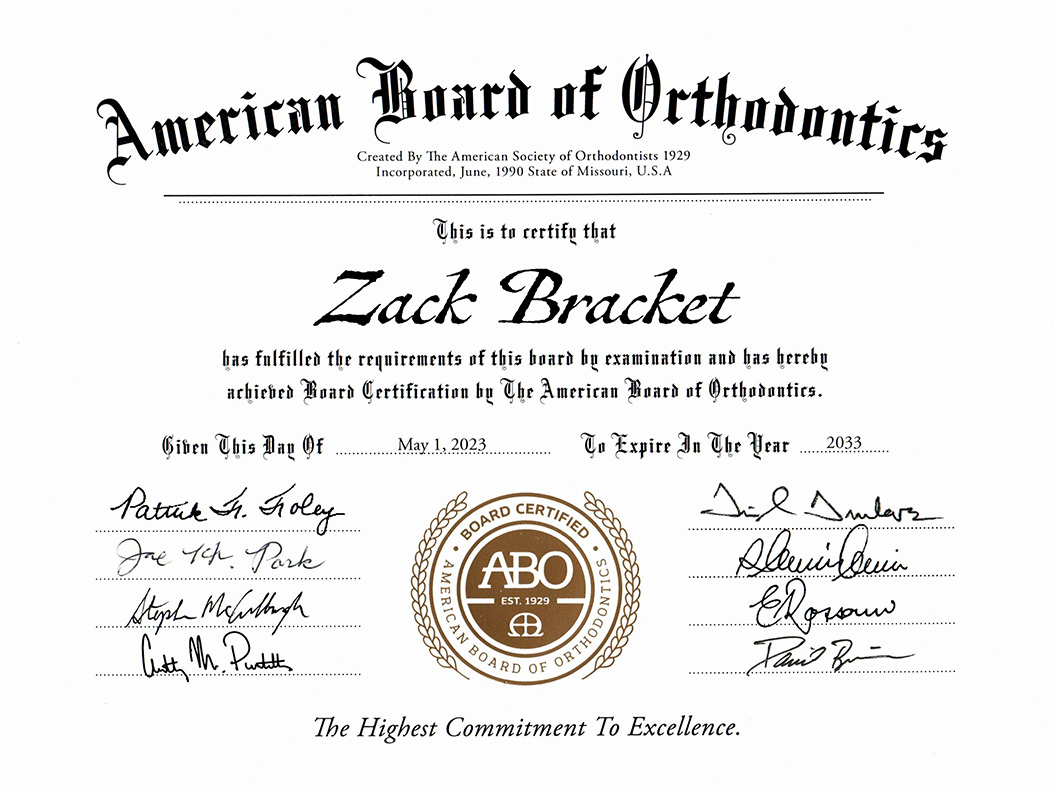 American Board of Orthodontics certification for Dr Zack Bracket